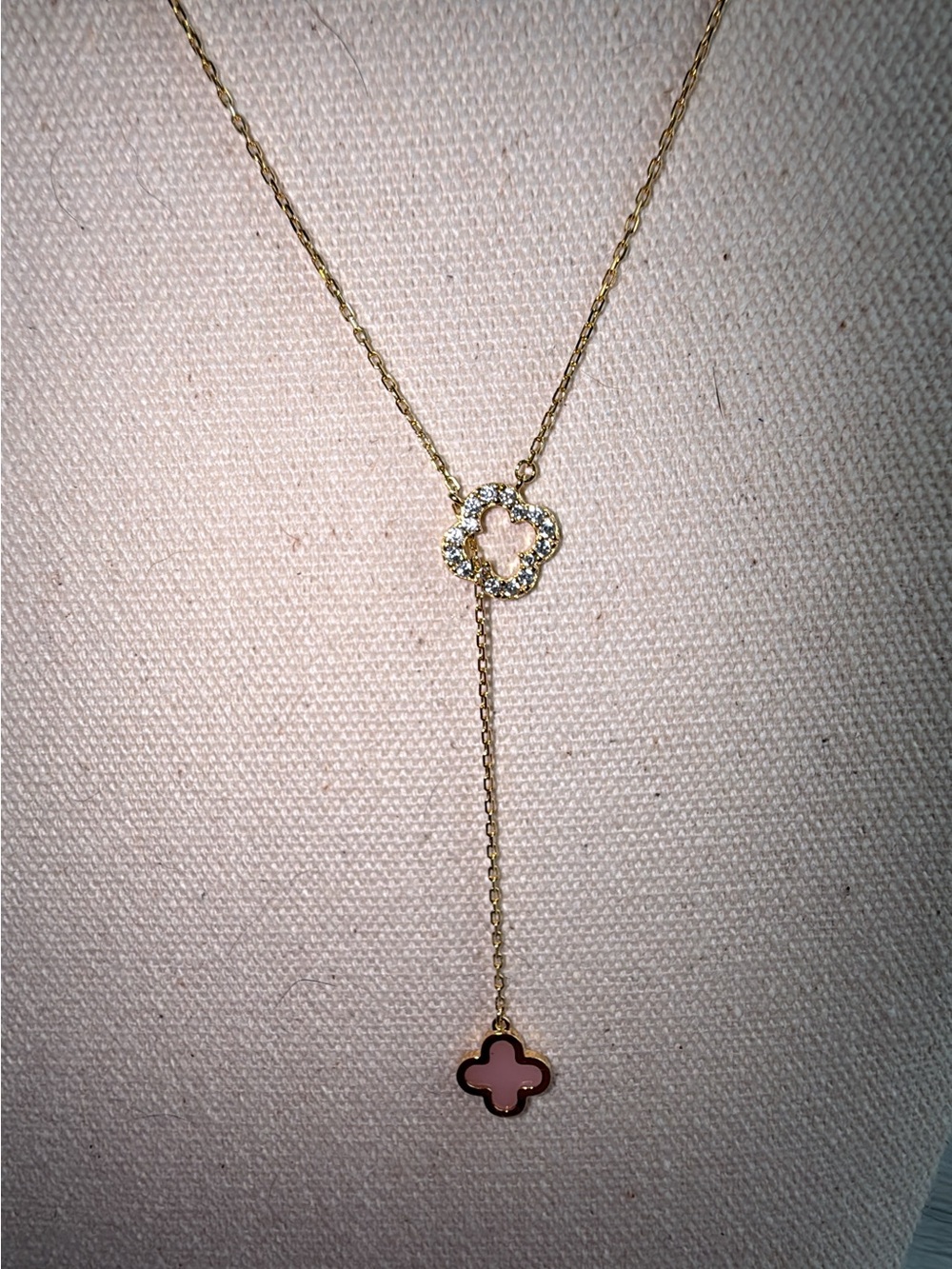 Gold Lariat Necklace with Pink Clover Pendant